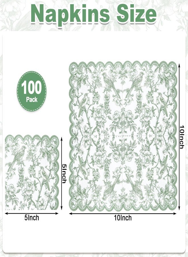 NatNarr 100 Pcs Sage Green Floral Napkins, Scalloped Birds Floral Napkins Disposable Dessert Cocktail Napkin Vintage Decorative Napkin for Decoupage,Bridal Baby Shower,Wedding - Image 2